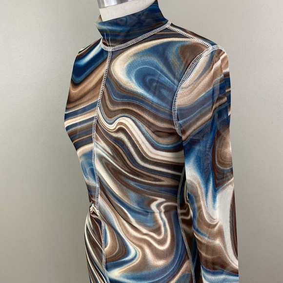 Vtg 90s Y2k Mesh Dress S M Bodycon Swirl Sheer Mock Neck Stretch Blue Brown - Picture 4 of 10
